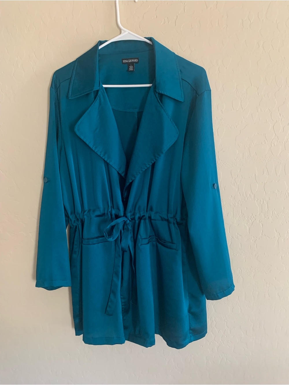 Nina Leonard Teal Open-Front Jacket Trench Coat Size L or Beach Coverup